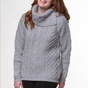 Aran Mor 100% merino wool button cowlneck sweater L soft grey shirt tail NWT